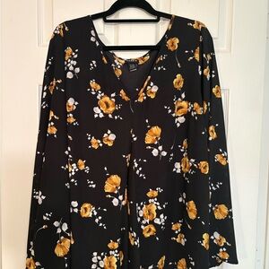 Torrid Black V-Neck Blouse with Yellow Floral Print